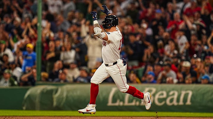 Sep 9, 2024; Boston, Massachusetts, USA; Boston Red Sox designated hitter Tyler O'Neill (17) hits a home run against the Baltimore Orioles in the third inning at Fenway Park. Mandatory Credit: David Butler II-Imagn Images Sep 9, 2024; Boston, Massachusetts, USA; Boston Red Sox designated hitter Tyler O'Neill (17) hits a home run against the Baltimore Orioles in the third inning at Fenway Park. Mandatory Credit: David Butler II-Imagn Images