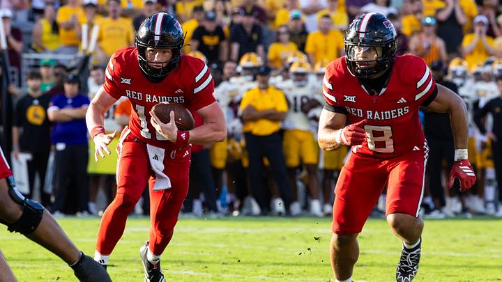 Oct 18, 2025; Tempe, Arizona, USA; Texas Tech Red Raiders running back Cameron Dickey (8) blocks for quarterback Will Hammond (15) against the Arizona State Sun Devils at Mountain America Stadium. Mandatory Credit: Mark J. Rebilas-Imagn Images Oct 18, 2025; Tempe, Arizona, USA; Texas Tech Red Raiders running back Cameron Dickey (8) blocks for quarterback Will Hammond (15) against the Arizona State Sun Devils at Mountain America Stadium. Mandatory Credit: Mark J. Rebilas-Imagn Images