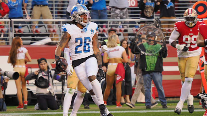 Jan 28, 2024; Santa Clara, California, USA; Detroit Lions running back Jahmyr Gibbs (26) celebrates after scoring a touchdown San Francisco 49ers during the first half of the NFC Championship football game at Levi's Stadium. Mandatory Credit: Kelley L Cox-USA TODAY Sports