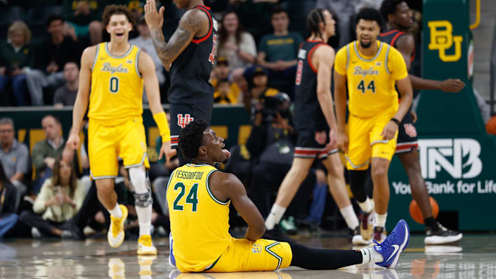 Mar 7, 2026; Waco, Texas, USA;  Baylor Bears guard Tounde Yessoufou (24) reacts after scoring a basket against the Utah Utes.