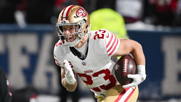 San Francisco 49ers running back Christian McCaffrey warms up before a game against the Buffalo Bills at Highmark Stadium.
