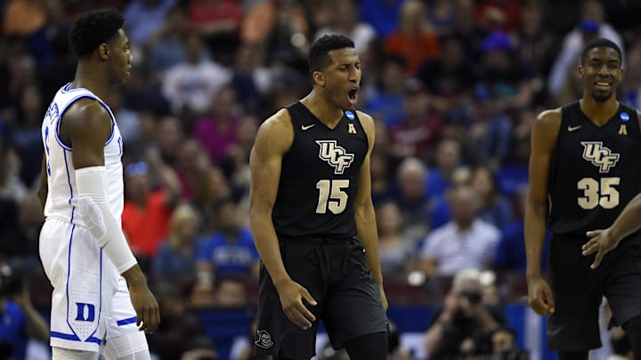 Mar 24, 2019; Columbia, SC, USA; UCF Knights guard Aubrey Dawkins (15) reacts during the second half against the Duke Blue Devils in the second round of the 2019 NCAA Tournament at Colonial Life Arena. Mandatory Credit: Bob Donnan-Imagn Images