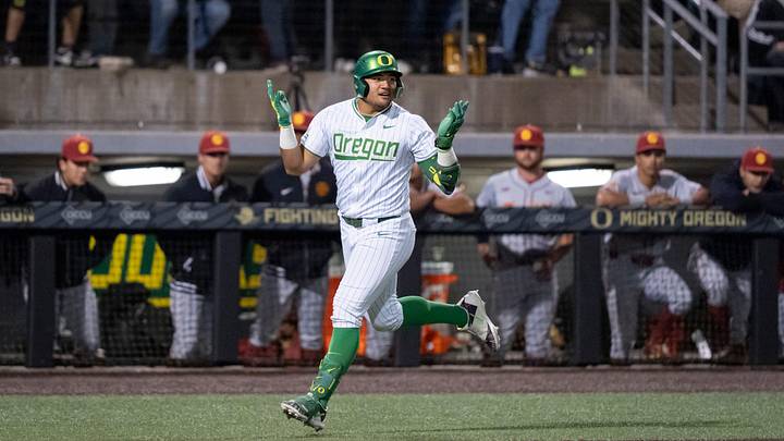 Oregon infielder Naulivou Lauaki Jr. rounds the bases on a home run in the ninth inning as the Oregon Ducks host the USC Trojans on May 14, 2026, in Eugene, Oregon.