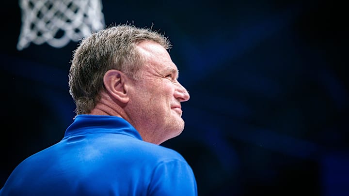Mar 1, 2025; Lawrence, Kansas, USA; Kansas Jayhawks coach Bill Self prior to the game against the Texas Tech Red Raiders at Allen Fieldhouse. Mandatory Credit: William Purnell-Imagn Images