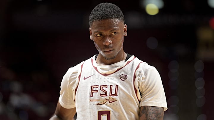 Jan 4, 2025; Tallahassee, Florida, USA; Florida State Seminoles guard Chandler Jackson (0) reacts during the first half against the Syracuse Orange at Donald L. Tucker Center. Mandatory Credit: Melina Myers-Imagn Images