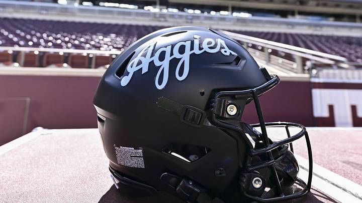 A detailed view of a Texas A&M Aggies helmet on the sideline before the game against the Mississippi State Bulldogs at Kyle Field.