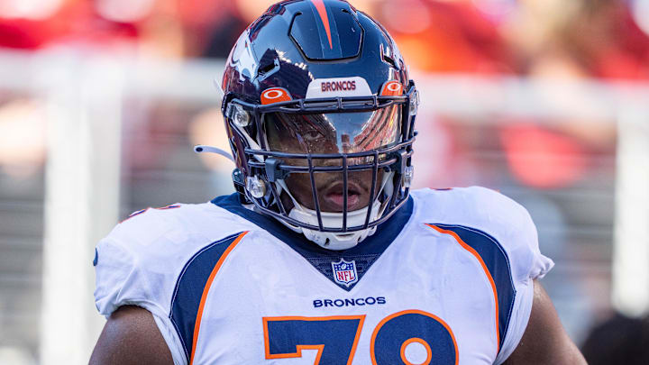 August 19, 2023; Santa Clara, California, USA; Denver Broncos offensive tackle Will Sherman (78) warms up before the game against the San Francisco 49ers at Levi's Stadium. Mandatory Credit: Kyle Terada-Imagn Images