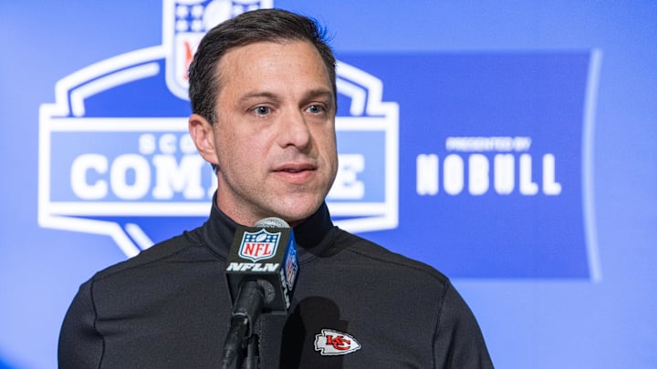Feb 28, 2023; Indianapolis, IN, USA; Kansas City Chiefs general manager Brett Veach speaks to the press at the NFL Combine at Lucas Oil Stadium.