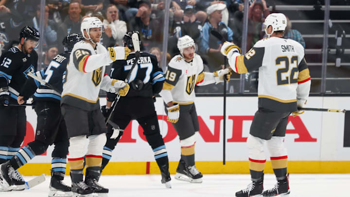 Apr 24, 2026; Salt Lake City, Utah, USA; Vegas Golden Knights center Nic Dowd (26) celebrates with right wing Cole Smith (22) after scoring a goal against the Utah Mammoth during the third period in game three of the first round of the 2026 Stanley Cup Playoffs at Delta Center. Mandatory Credit: Rob Gray-Imagn Images