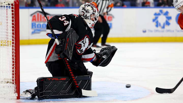 Dec 18, 2025; Buffalo, New York, USA; Buffalo Sabres goaltender Alex Lyon (34) looks to make a save during the first period against the Philadelphia Flyers at KeyBank Center. Mandatory Credit: Timothy T. Ludwig-Imagn Images Dec 18, 2025; Buffalo, New York, USA; Buffalo Sabres goaltender Alex Lyon (34) looks to make a save during the first period against the Philadelphia Flyers at KeyBank Center. Mandatory Credit: Timothy T. Ludwig-Imagn Images