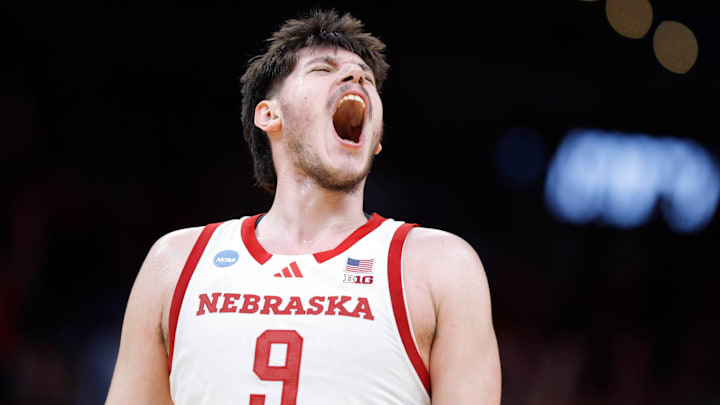 Nebraska Cornhuskers forward Berke Buyuktuncel celebrates during a first-round game in the NCAA men's basketball tournament between Nebraska and Troy at Paycom Center in Oklahoma City.
