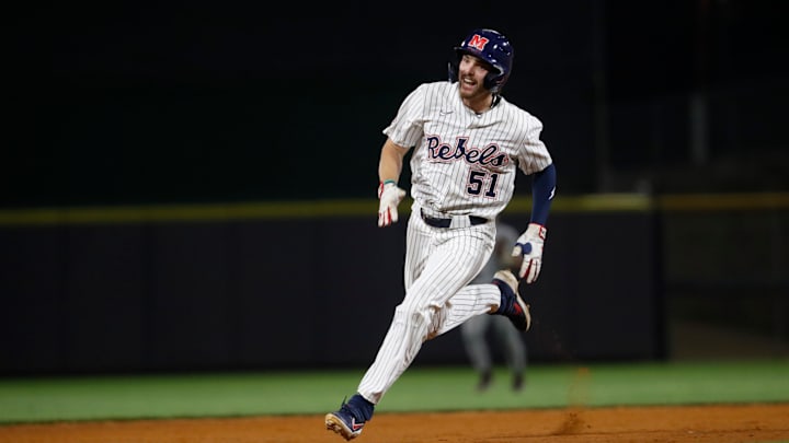 University of Mississippi baseball player Isaac Humphrey (51) heads for third base during the Governor’s Cup against Mississippi State University at Trustmark Park on April 22, 2025, in Pearl, Miss.