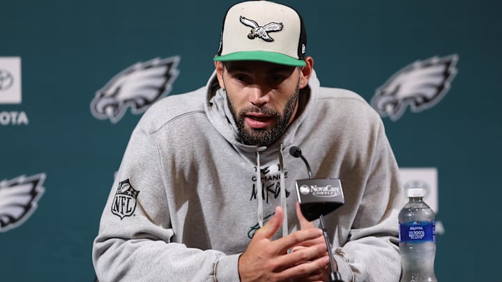 Philadelphia Eagles tight end Dallas Goedert speaks with the media during OTAs at NovaCare Complex.
