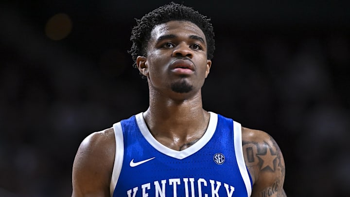 Mar 3, 2026; College Station, Texas, USA; Kentucky Wildcats guard Otega Oweh (00) looks on during the second half against the Texas A&M Aggies at Reed Arena. Mandatory Credit: Maria Lysaker-Imagn Images 