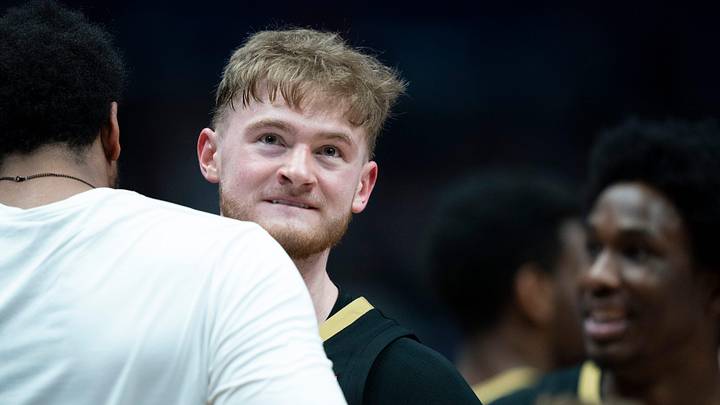 Vanderbilt forward Tyler Nickel (5) celebrates with his team during a timeout during their semifinal game of the 2026 SEC Men’s Basketball Tournament at Bridgestone Arena in Nashville, Tenn., Saturday, March 14, 2026.