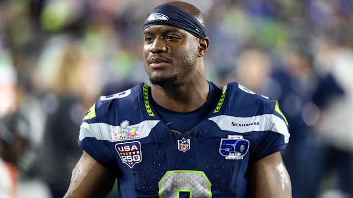 Feb 8, 2026; Santa Clara, CA, USA; Seattle Seahawks running back Kenneth Walker III (9) against the New England Patriots during Super Bowl LX at Levi's Stadium. Mandatory Credit: Mark J. Rebilas-Imagn Images