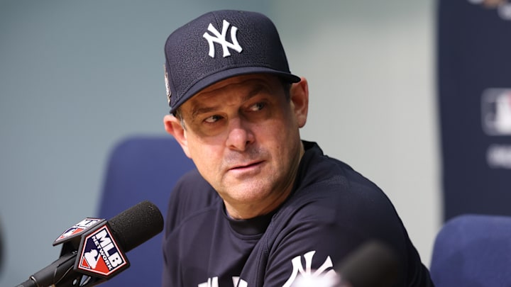 Oct 25, 2024; Los Angeles, California, USA; New York Yankees manager Aaron Boone (17) talks with the media before the game against the Los Angeles Dodgers during game one of the 2024 MLB World Series at Dodger Stadium. Mandatory Credit:  Kiyoshi Mio-Imagn Images