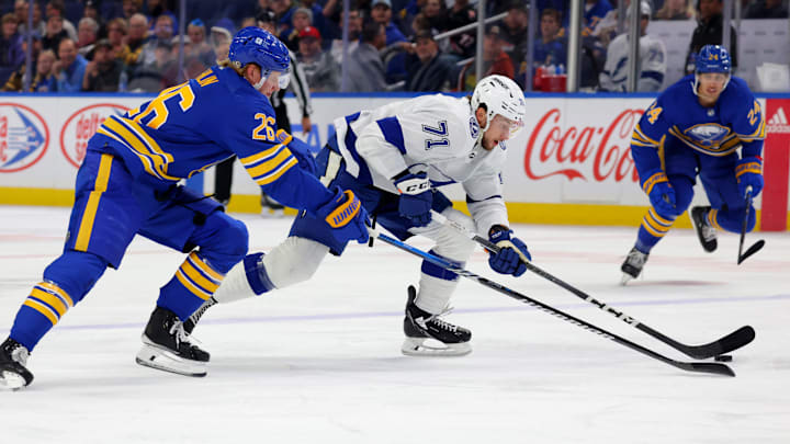 Oct 17, 2023; Buffalo, New York, USA;  Tampa Bay Lightning center Anthony Cirelli (71) skates with