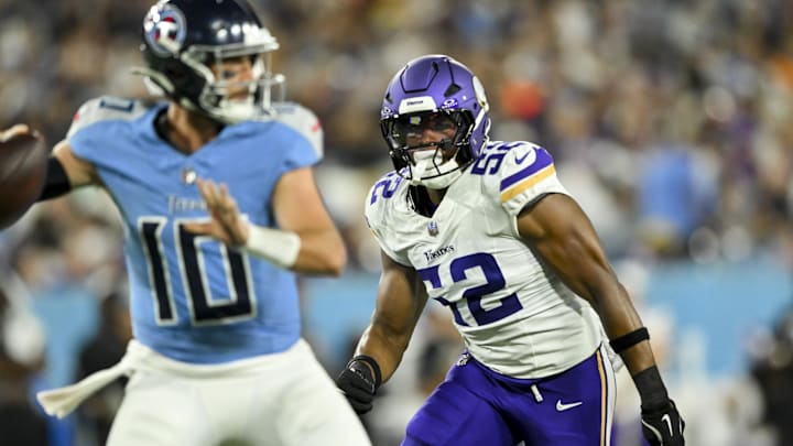 Aug 22, 2025; Nashville, Tennessee, USA;  Minnesota Vikings linebacker Dorian Mausi (52) rushes Tennessee Titans quarterback Brandon Allen (10) during the first half at Nissan Stadium.