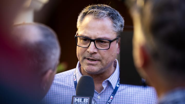 Nov 7, 2023; Scottsdale, AZ, USA; Kansas City Royals general manager J.J. Picollo speaks to the media during the MLB General Manager's Meetings at Omni Scottsdale Resort & Spa. Mandatory Credit: Mark J. Rebilas-Imagn Images