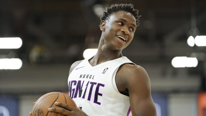 Dec 20, 2022; Las Vegas, NV, USA; NBA G League Ignite guard Babacar Sane (4) reacts during the first half against the Motor City Cruise at Mandalay Bay Convention Center.  Mandatory Credit: Lucas Peltier-Imagn Images