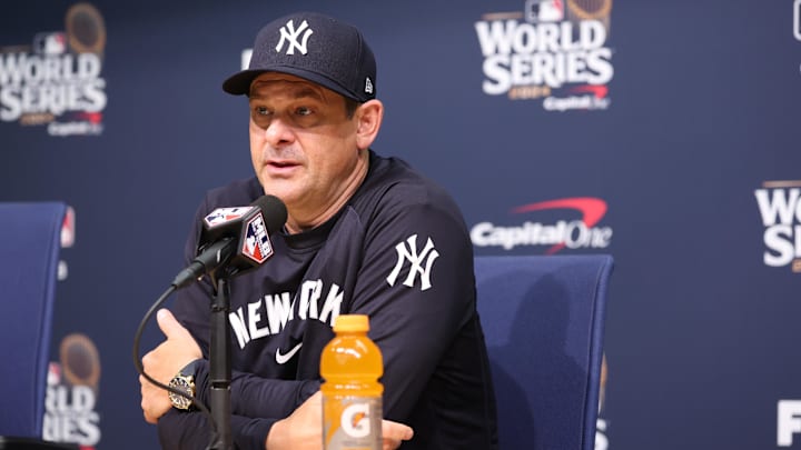 Oct 25, 2024; Los Angeles, California, USA; New York Yankees manager Aaron Boone (17) talks with the media before the game against the Los Angeles Dodgers during game one of the 2024 MLB World Series at Dodger Stadium. Mandatory Credit:  Kiyoshi Mio-Imagn Images