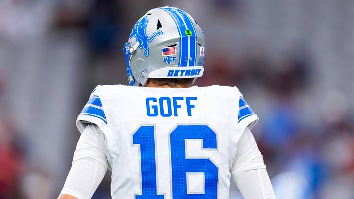 Oct 11, 2026; Glendale, Arizona, USA;  Detailed view of the jersey of Detroit Lions quarterback Jared Goff (16) against the Arizona Cardinals at State Farm Stadium.  Mandatory Credit: Mark J. Rebilas-Imagn Images