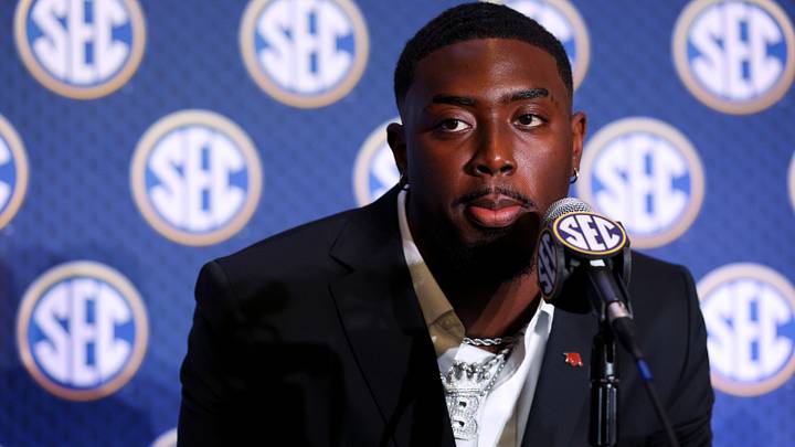 Arkansas Razorbacks defensive end Quincy Rhodes Jr. (97) speaks to the press during SEC Football Kickoff Media Day at the Tampa Marriott.