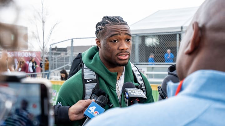 2025 NFL Draft Prospect Jalen Milroe, quarterback at Alabama, speaks to the press after the Play Football Prospect Clinic event on Wednesday April 23, 2025 in the Titletown District in Ashwaubenon, Wis.