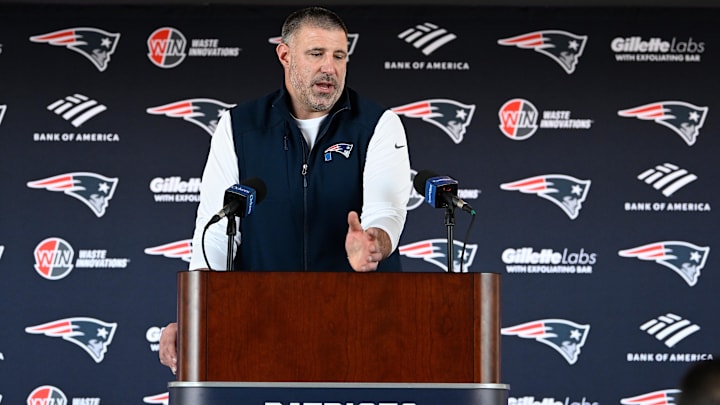 Mar 13, 2025; Foxborough, MA, USA; New England Patriots head coach Mike Vrabel discusses the teamís recent free agent additions with the media at Gillette Stadium.