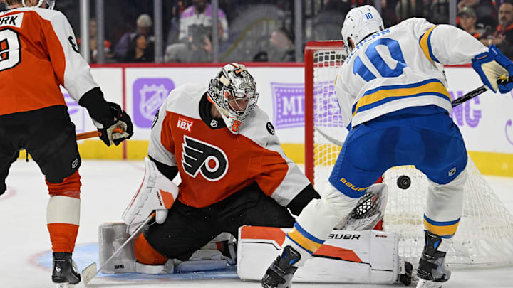 Nov 20, 2025; Philadelphia, Pennsylvania, USA; Philadelphia Flyers goaltender Dan Vladar (80) makes a save against St. Louis Blues center Brayden Schenn (10) during the second period at Xfinity Mobile Arena. Mandatory Credit: Eric Hartline-Imagn Images Nov 20, 2025; Philadelphia, Pennsylvania, USA; Philadelphia Flyers goaltender Dan Vladar (80) makes a save against St. Louis Blues center Brayden Schenn (10) during the second period at Xfinity Mobile Arena. Mandatory Credit: Eric Hartline-Imagn Images
