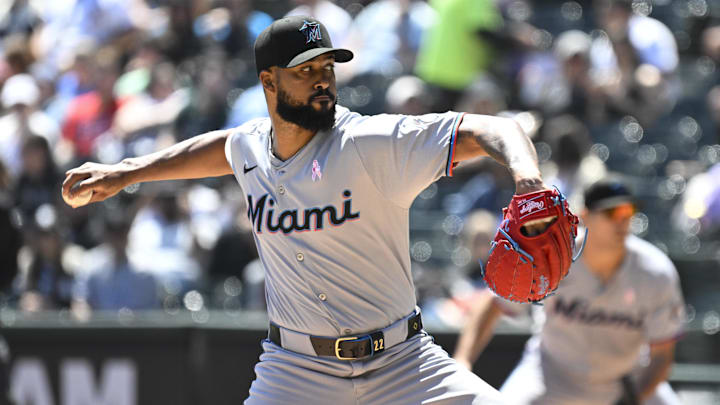 May 11, 2025; Chicago, Illinois, USA; Miami Marlins pitcher Sandy Alcantara (22) delivers against the Chicago White Sox during the first inning at Rate Field. Mandatory Credit: Matt Marton-Imagn Images May 11, 2025; Chicago, Illinois, USA; Miami Marlins pitcher Sandy Alcantara (22) delivers against the Chicago White Sox during the first inning at Rate Field. Mandatory Credit: Matt Marton-Imagn Images