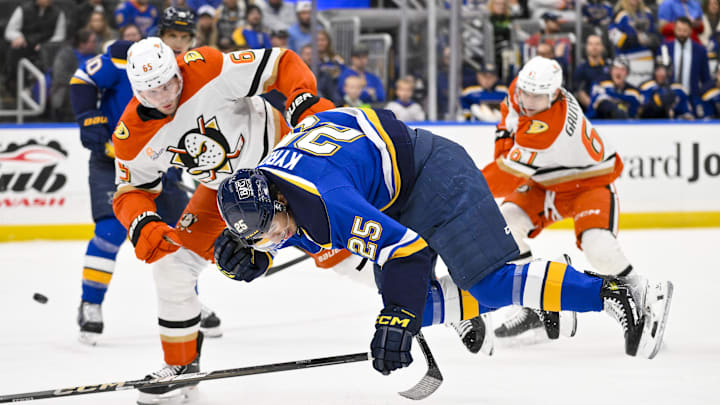 Mar 16, 2025; St. Louis, Missouri, USA; Anaheim Ducks defenseman Jacob Trouba (65) checks St. Louis Blues center Jordan Kyrou (25) during the first period at Enterprise Center. Mandatory Credit: Jeff Curry-Imagn Images Mar 16, 2025; St. Louis, Missouri, USA; Anaheim Ducks defenseman Jacob Trouba (65) checks St. Louis Blues center Jordan Kyrou (25) during the first period at Enterprise Center. Mandatory Credit: Jeff Curry-Imagn Images