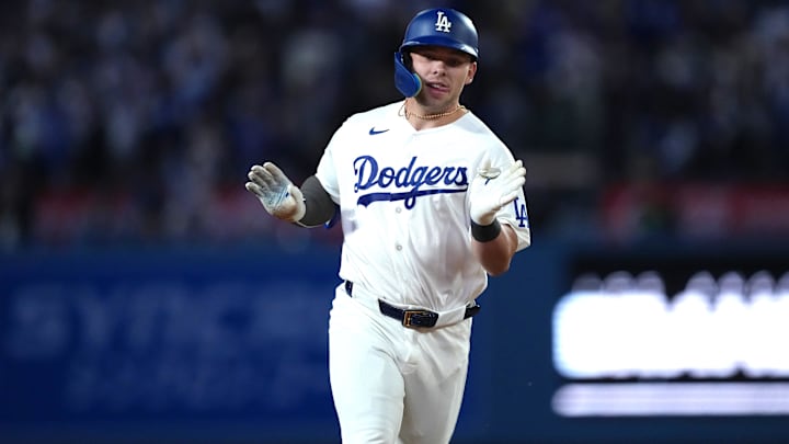 Apr 15, 2026; Los Angeles, California, USA; Los Angeles Dodgers designated hitter Dalton Rushing runs the bases after hitting a grand slam home run in the eighth inning against the New York Mets at Dodger Stadium. Mandatory Credit: Kirby Lee-Imagn Images