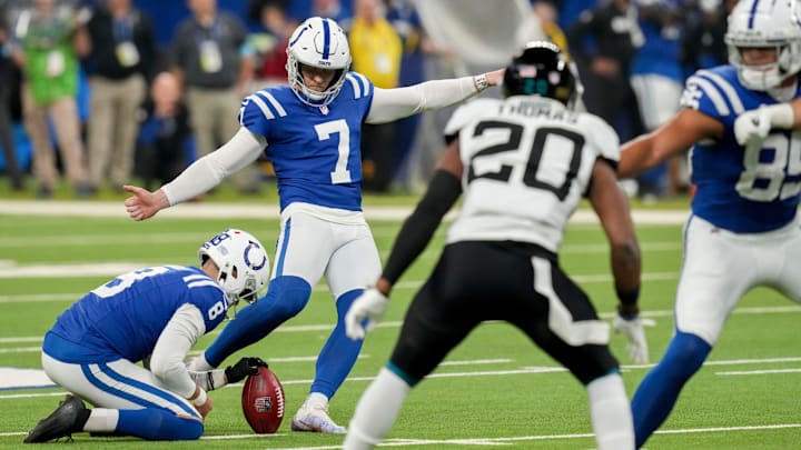 Indianapolis Colts place kicker Matt Gay (7) misses a field goal Sunday, Jan. 5, 2025, during a game against the Jacksonville Jaguars at Lucas Oil Stadium in Indianapolis. Indianapolis Colts place kicker Matt Gay (7) misses a field goal Sunday, Jan. 5, 2025, during a game against the Jacksonville Jaguars at Lucas Oil Stadium in Indianapolis.