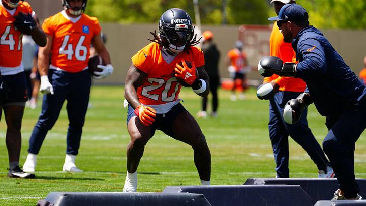 Jun 16, 2026; Englewood, CO, USA; Denver Broncos running back Jonah Coleman (20) during mini camp at Broncos Park. Jun 16, 2026; Englewood, CO, USA; Denver Broncos running back Jonah Coleman (20) during mini camp at Broncos Park.