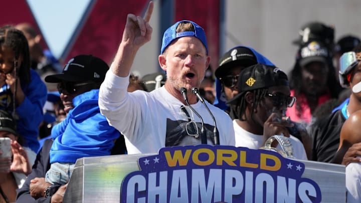 Feb 16, 2022; Los Angeles, CA, USA; Los Angeles Rams general manager Les Snead speaks during Super Bowl LVI championship rally at the Los Angeles Memorial Coliseum. Mandatory Credit: Kirby Lee-Imagn Images