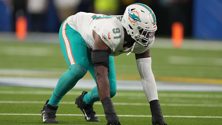 Miami Dolphins linebacker Emmanuel Ogbah (91) against the Los Angeles Rams in the first half at SoFi Stadium last season.