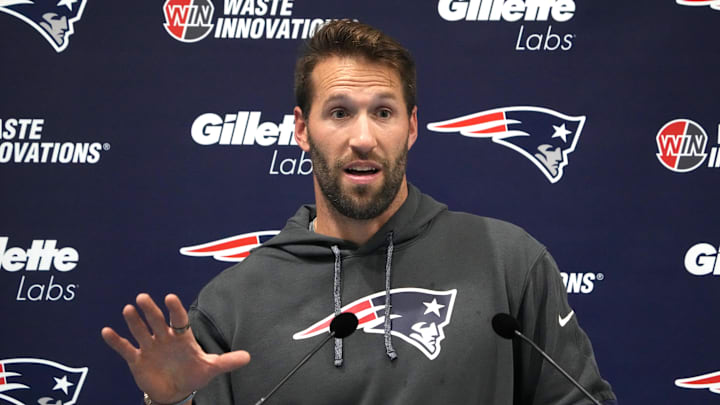 Oct 18, 2024; London, United Kingdom; New England Patriots special teams coordinator Jeremy Springer during press conference at the Harrow School. Mandatory Credit: Kirby Lee-Imagn Images
