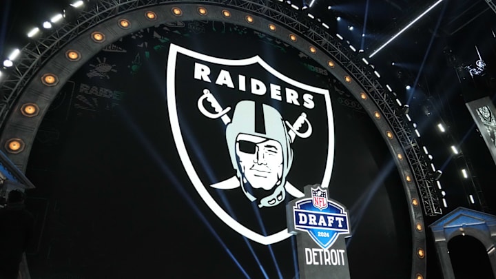 Apr 25, 2024; Detroit, MI, USA; A Las Vegas Raiders logo at the 2024 NFL Draft at Campus Martius Park and Hart Plaza. Mandatory Credit: Kirby Lee-Imagn Images