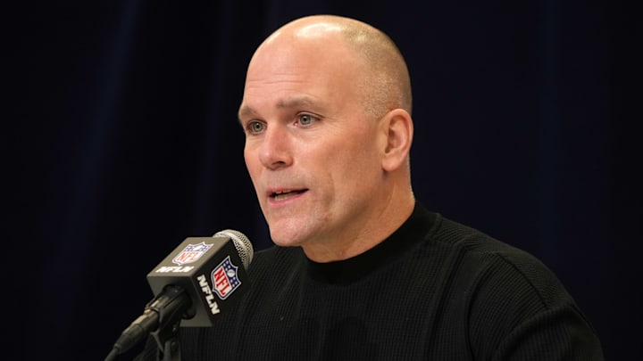 Feb 25, 2025; Indianapolis, IN, USA; Baltimore Ravens general manager Eric DeCosta speaks during the NFL Scouting Combine at the Indiana Convention Center. Mandatory Credit: Kirby Lee-Imagn Images