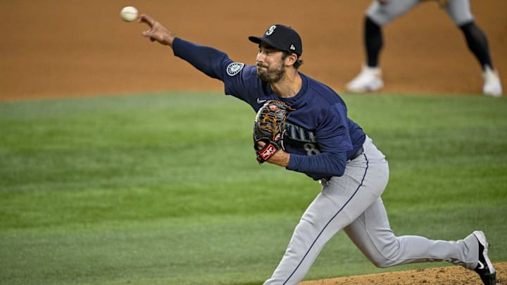 Seattle Mariners reliever JT Chargois throws during a game against the Texas Rangers on Sept. 22 at Globe Life Field. Seattle Mariners reliever JT Chargois throws during a game against the Texas Rangers on Sept. 22 at Globe Life Field.