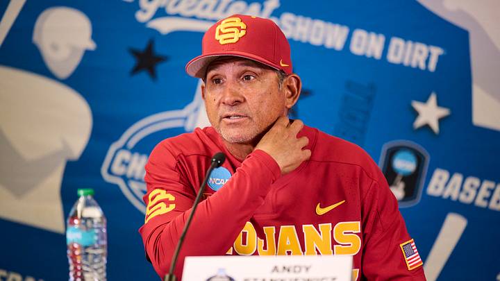 May 31, 2025; Corvallis, OR, USA; USC head coach Andy Stankiewicz takes questions after a game against Saint Mary's at the NCAA Corvallis Regional at Goss Stadium. 