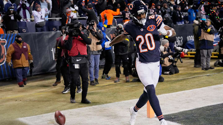 Dec 20, 2025; Chicago, Illinois, USA; Chicago Bears wide receiver Jahdae Walker (20) celebrates after catching a six-yard touchdown pass thrown by quarterback Caleb Williams (not pictured) against the Green Bay Packers with twenty-four seconds remaining in the fourth quarter at Soldier Field.  Mandatory Credit: David Banks-Imagn Images
