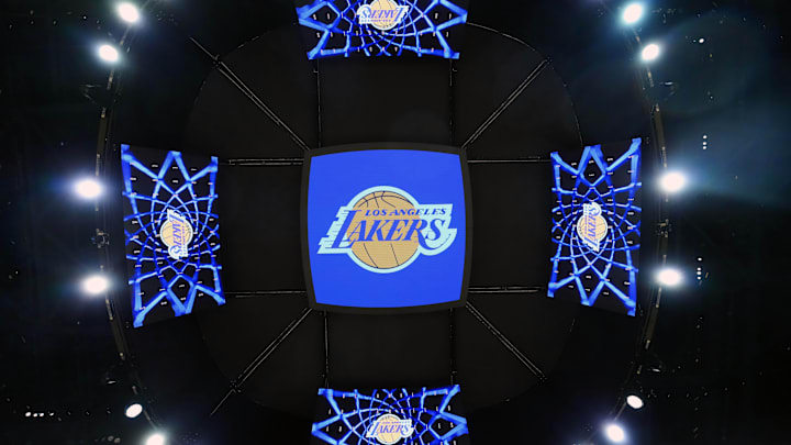 Mar 17, 2025; Los Angeles, California, USA: The Los Angeles Lakers logo on the Crypto.com Arena video board. Mandatory Credit: Kirby Lee-Imagn Images