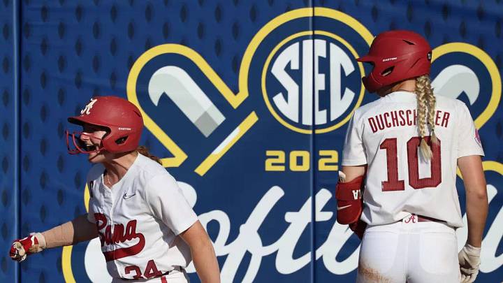 Alabama Softball Player Marlie Giles (34) celebrating against Auburn in the SEC Tournment at Jack Turner Softball Stadium in Athens, GA on Tuesday, May 6, 2025.
