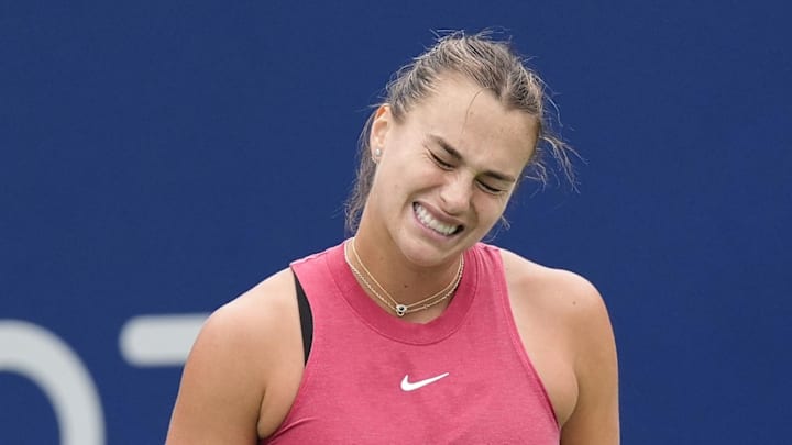 Aug 10, 2024; Toronto, Ontario, Canada; Aryna Sabalenka reacts after losing a point to Amanda Anisimova (not pictured) during quarter finals at Sobeys Stadium. Mandatory Credit: John E. Sokolowski-Imagn Images