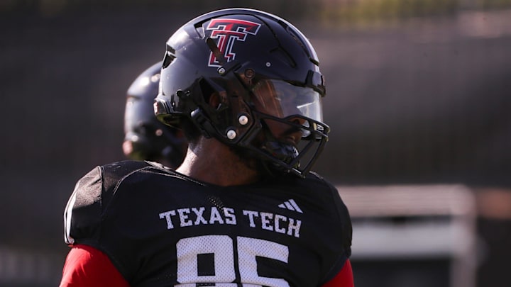 Outside linebacker Dylan Spencer looks on during Texas Tech football practice, Monday, August 4, 2025, at the Womble Football Center.