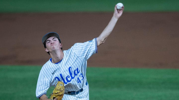 UCLA Bruins pitcher Daniel Colwell (43) pitches as Auburn Tigers take on UCLA Bruins during the NCAA regional baseball tournament at Plainsman Park in Auburn, Ala., on Sunday, June 5, 2022.