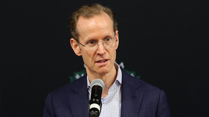 Apr 11, 2023; Orlando, Florida, USA;  Orlando Magic president of basketball operations Jeff Weltman speaks during a press conference for the new Orlando Magic G-League stadium at Osceola Heritage Park. Mandatory Credit: Nathan Ray Seebeck-Imagn Images